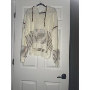 Bibi Knit Hooded V Neck Sweater Cream With Multi Color Stitch Xl